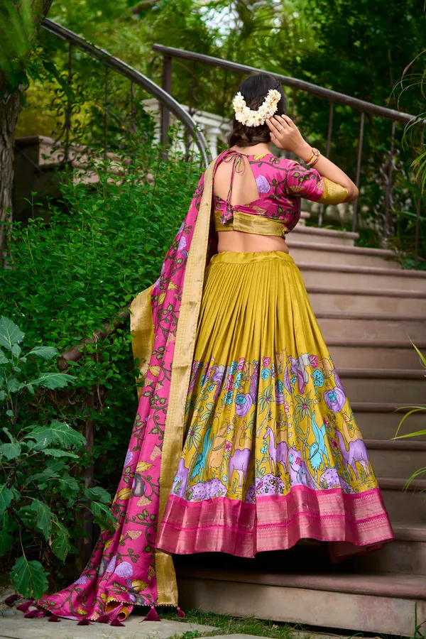 Mustard_Dola_Silk_Designer_Kalamkari_Print_Lehenga_Choli_For_Women