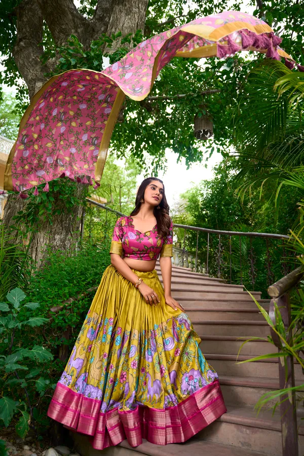 Mustard_Dola_Silk_Designer_Kalamkari_Print_Lehenga_Choli_For_Women