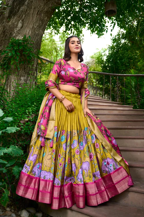 Mustard_Dola_Silk_Designer_Kalamkari_Print_Lehenga_Choli_For_Women