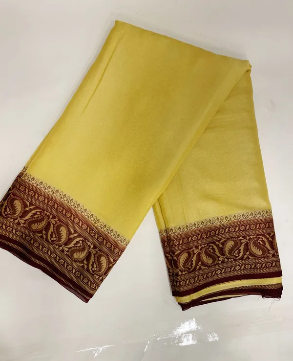 Humairah_Presents_Pure_Handloom_Lemon_Yellow_Chiffon_Plain_Saree_with_Contrast_Brown_Paisley_Zari_Border_and_Brown_Blouse