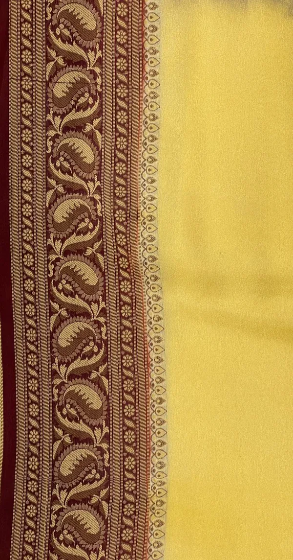 Humairah_Presents_Pure_Handloom_Lemon_Yellow_Chiffon_Plain_Saree_with_Contrast_Brown_Paisley_Zari_Border_and_Brown_Blouse