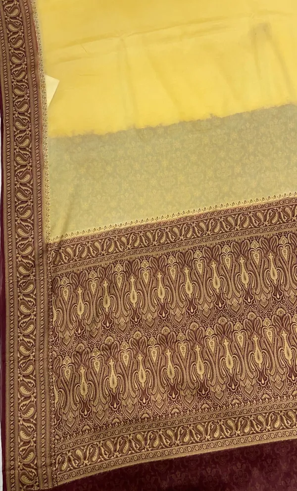 Humairah_Presents_Pure_Handloom_Lemon_Yellow_Chiffon_Plain_Saree_with_Contrast_Brown_Paisley_Zari_Border_and_Brown_Blouse