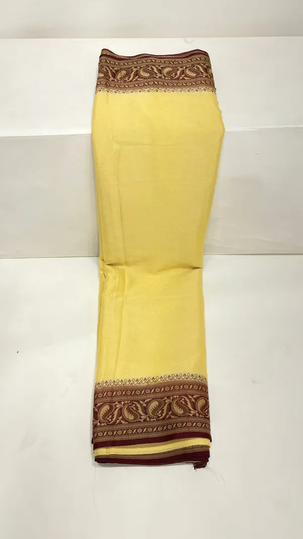 Humairah_Presents_Pure_Handloom_Lemon_Yellow_Chiffon_Plain_Saree_with_Contrast_Brown_Paisley_Zari_Border_and_Brown_Blouse