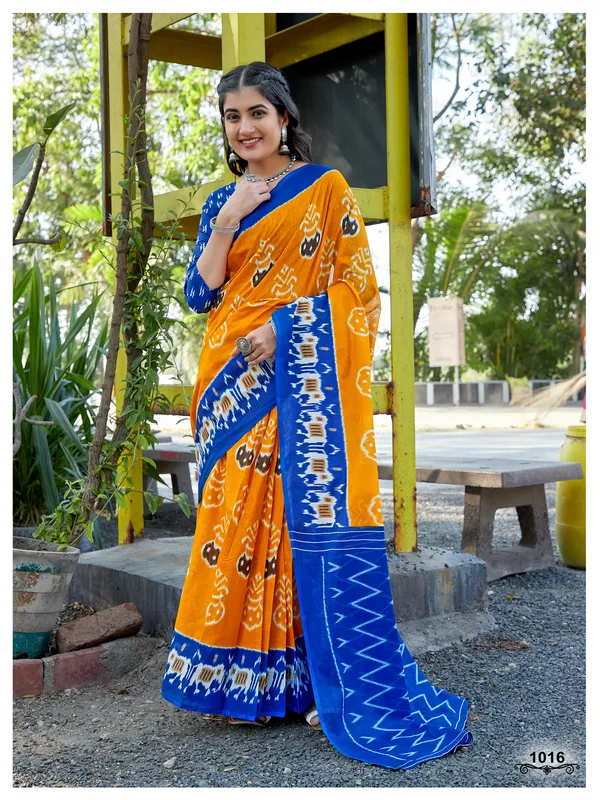 Ikkat_Hand_Block_Print_Print_Pure_Soft_Cotton_saree_With_Blouse_Piece