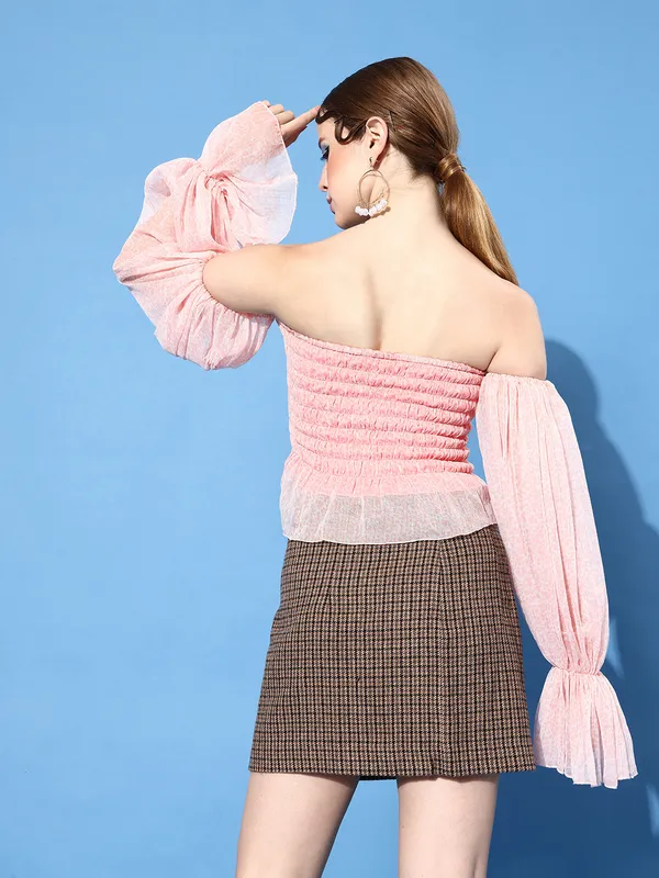 Pink_Chiffon_Casual_Self_Design_Off_Shoulder_Regular_Fit_Top_For_Women
