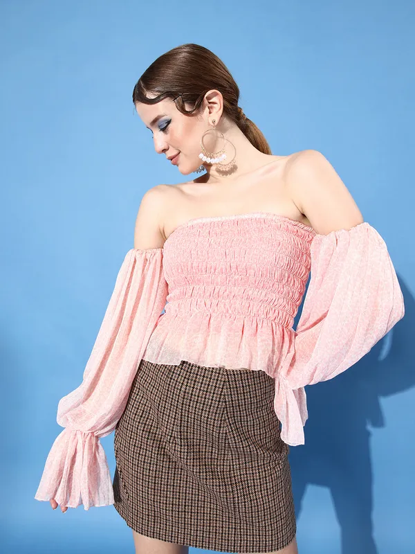 Pink_Chiffon_Casual_Self_Design_Off_Shoulder_Regular_Fit_Top_For_Women