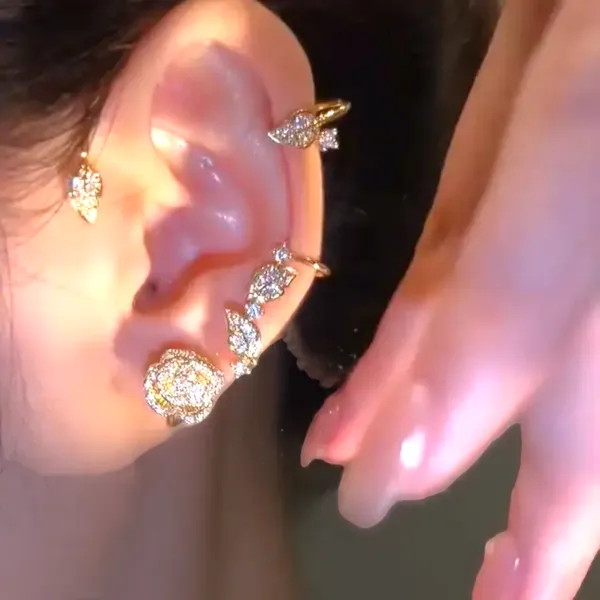 No_pierce_18k_gold_plated_ear_cuff_Earrings_Rose_and_leaf_shape_earrings