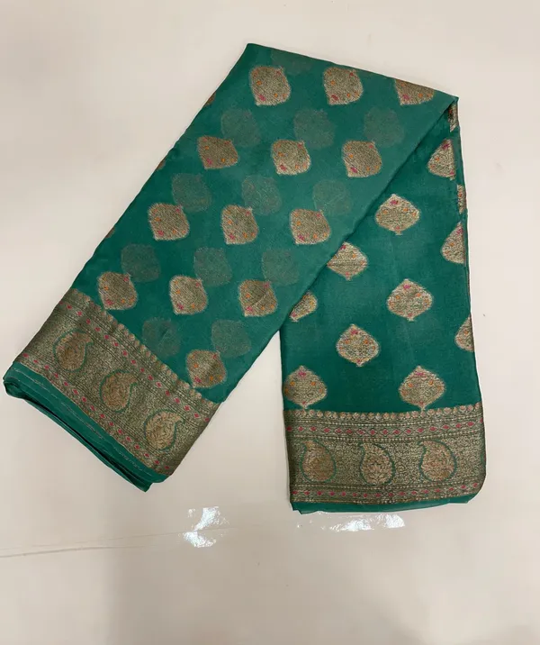 Humairah_Presents_Pure_Handloom_Dark_Green_Chiffon_Floral_Mina_Copper_Zari_Booti_with_Paisley_Mina_Zari_Border_with_Dark_Green_Blouse