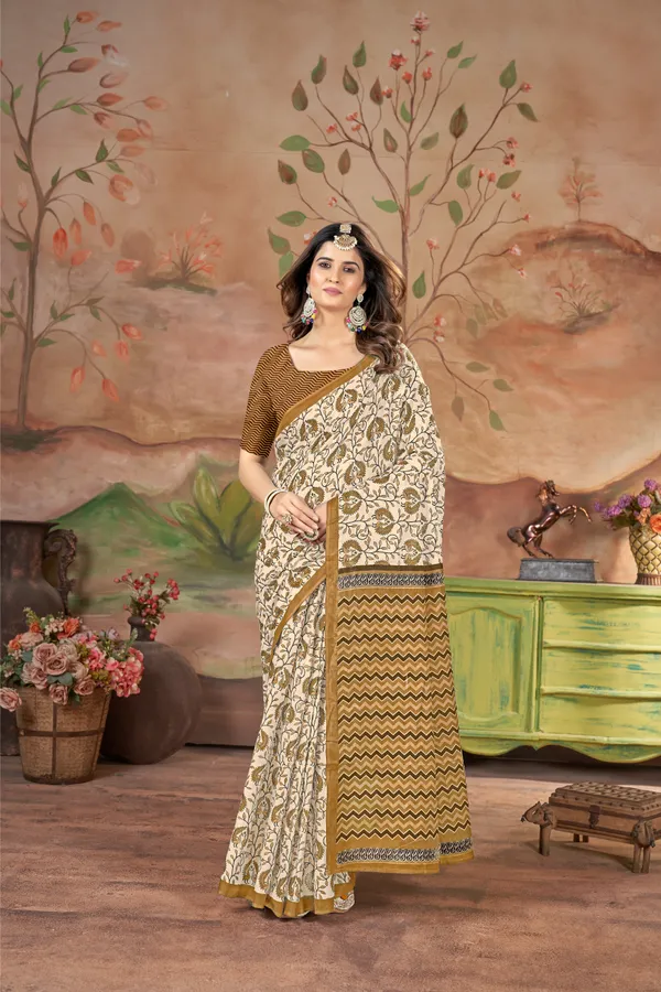 Ikkat_Print_Pure_Soft_Cotton_saree_With_Blouse_Piece
