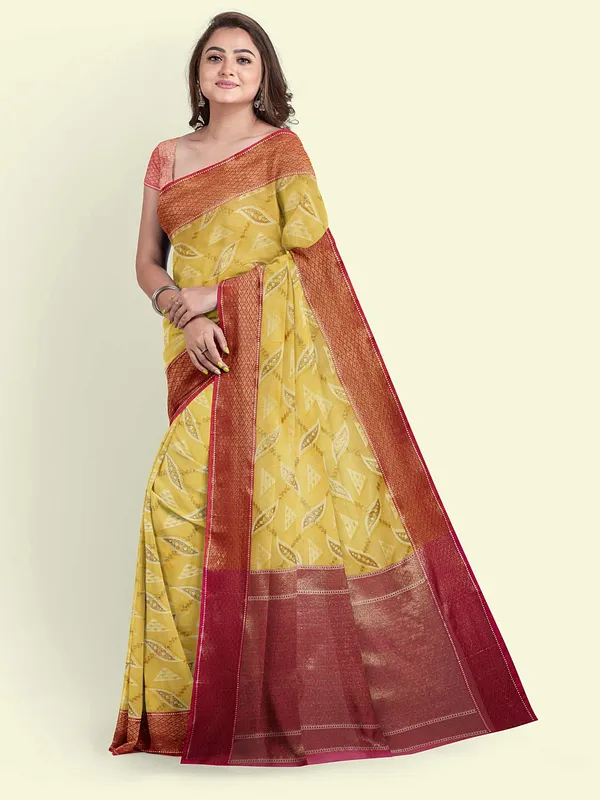 Yellow_Cotton_Blend_Banarasi_Sarees_For_Women