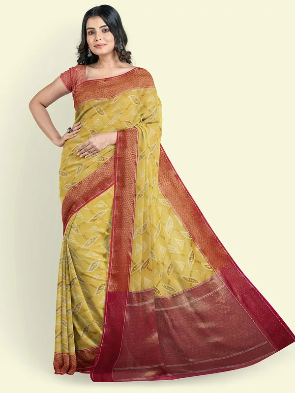 Yellow_Cotton_Blend_Banarasi_Sarees_For_Women