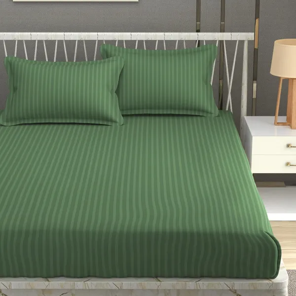 220TC_Elastic_Fitted_100%_Cotton_Feel_Stripes_Super_King_Size_Double_Bed_Bedsheet_with_2_Pillow_Cover_(78"x78"_Upto_12"_Mattress)_Green