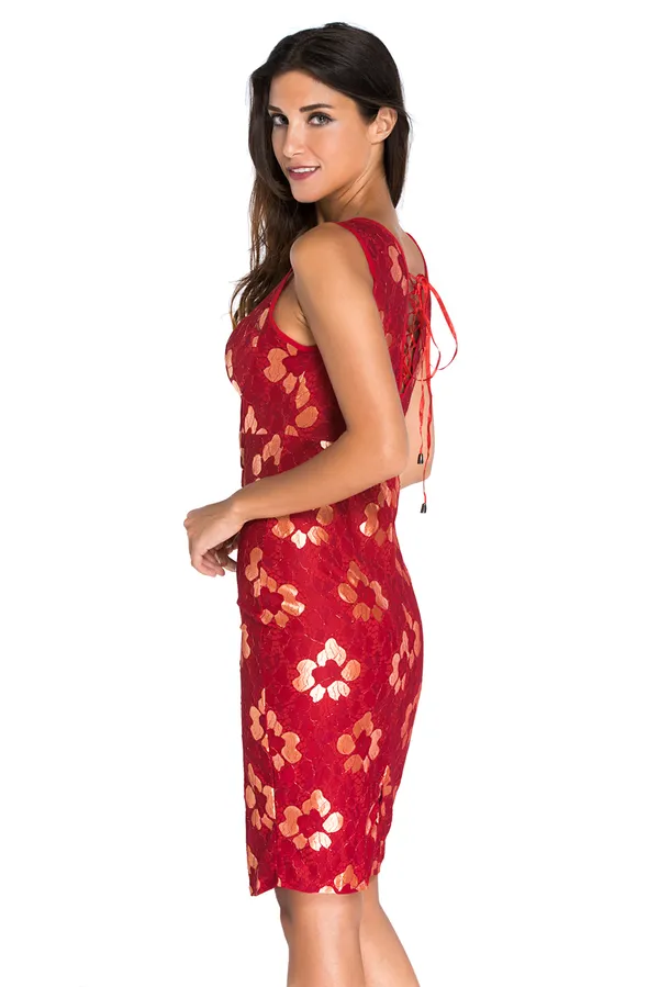 Scoop_Neck_Golden_Floral_Lattice_Back_Bodycon_Casual_Midi_Dresses_For_Women