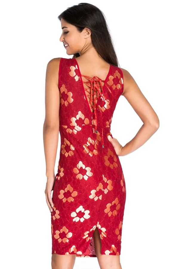 Scoop_Neck_Golden_Floral_Lattice_Back_Bodycon_Casual_Midi_Dresses_For_Women