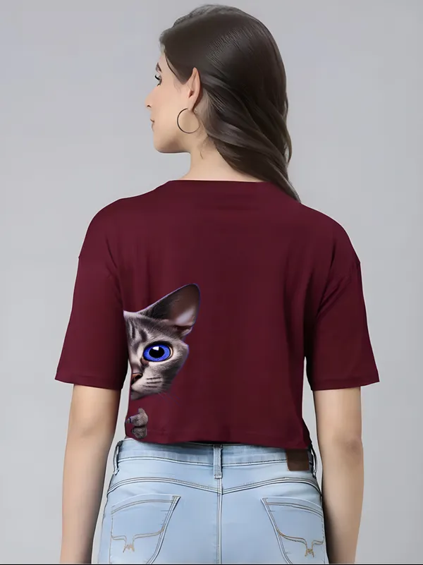 Maroon_Cat_side_back_Printed_Crop_Oversized_T-Shirt_For_Women
