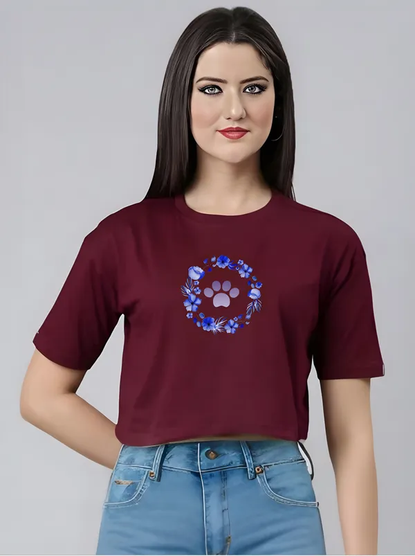 Maroon_Cat_side_back_Printed_Crop_Oversized_T-Shirt_For_Women