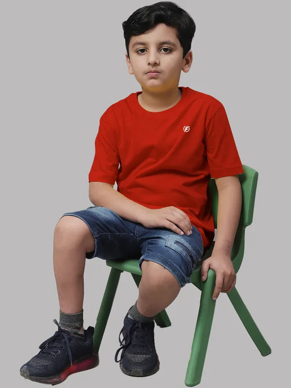 Red_Cotton_Rib_Round_Neck_Short_Sleeves_T-Shirt_For_Kids