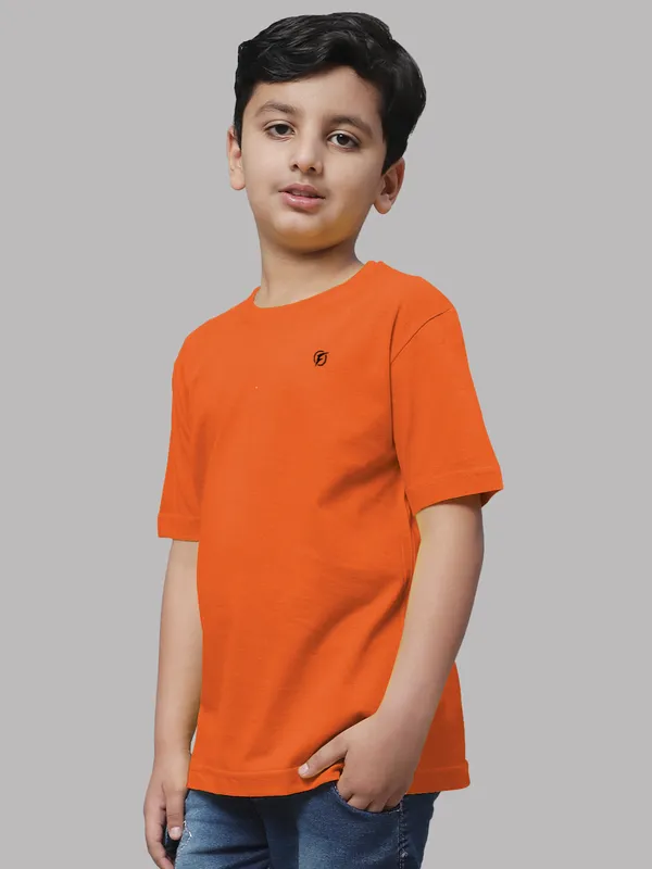 Orange_Cotton_Rib_Round_Neck_Short_Sleeves_T-Shirt_For_Kids
