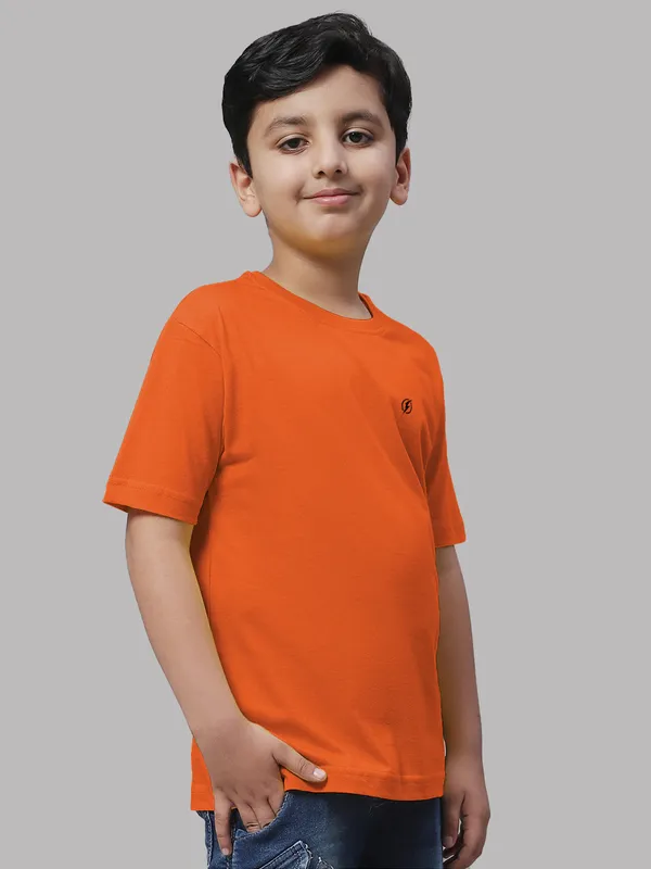 Orange_Cotton_Rib_Round_Neck_Short_Sleeves_T-Shirt_For_Kids