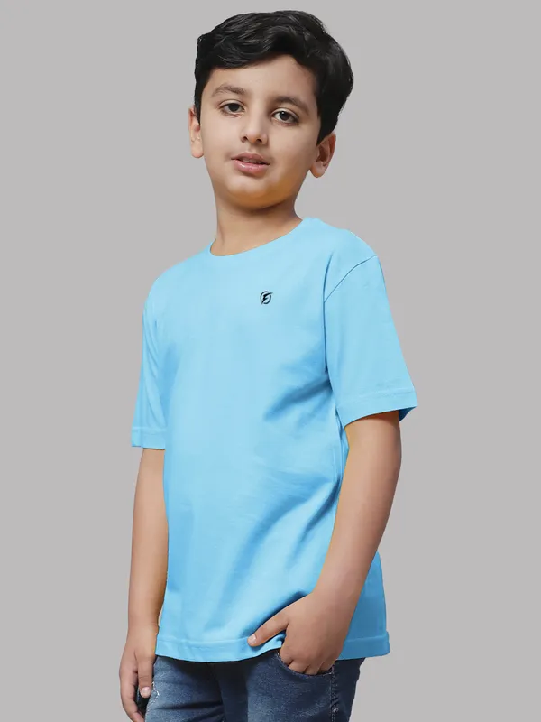 Turquoise_Blue_Cotton_Rib_Round_Neck_Short_Sleeves_T-Shirt_For_Kids