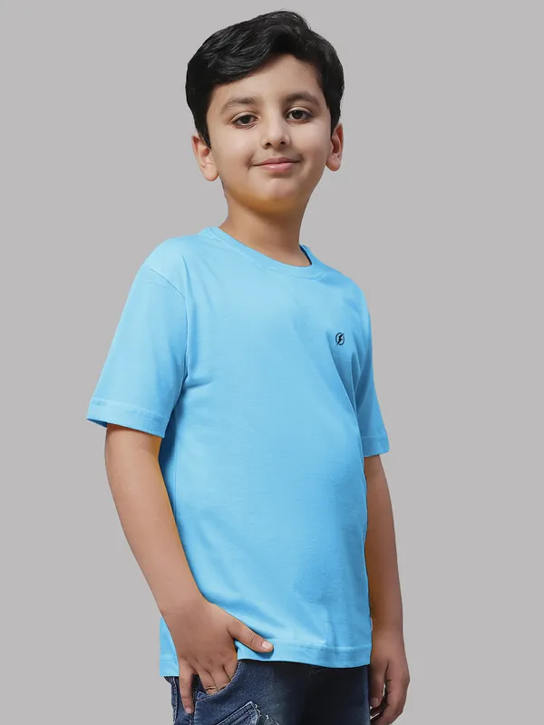 Turquoise_Blue_Cotton_Rib_Round_Neck_Short_Sleeves_T-Shirt_For_Kids