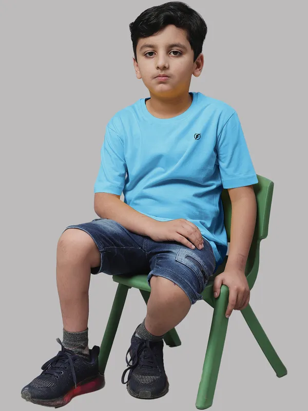 Turquoise_Blue_Cotton_Rib_Round_Neck_Short_Sleeves_T-Shirt_For_Kids