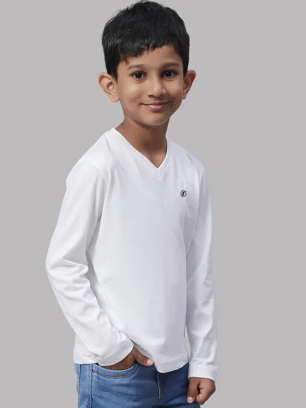White_Cotton_Rib_V-Neck_Full_Sleeves_T-Shirt_For_Kids