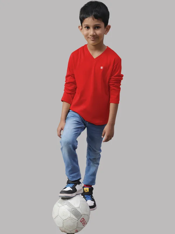 Red_Cotton_Rib_V-Neck_Full_Sleeves_T-Shirt_For_Kids