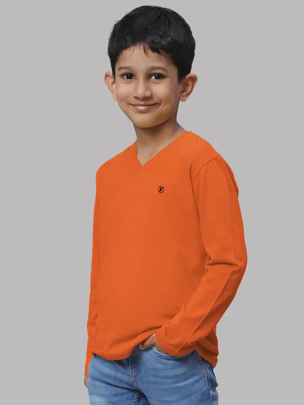 Orange_Cotton_Rib_V-Neck_Full_Sleeves_T-Shirt_For_Kids