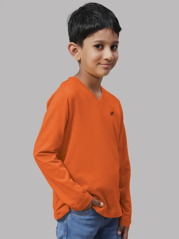 Orange_Cotton_Rib_V-Neck_Full_Sleeves_T-Shirt_For_Kids