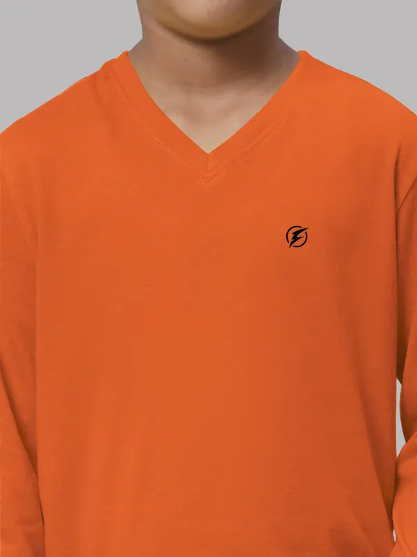 Orange_Cotton_Rib_V-Neck_Full_Sleeves_T-Shirt_For_Kids