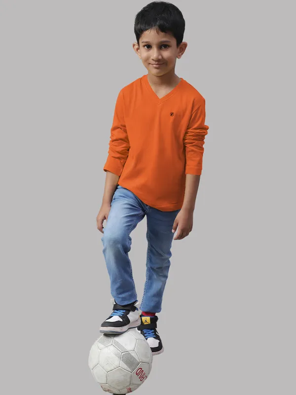Orange_Cotton_Rib_V-Neck_Full_Sleeves_T-Shirt_For_Kids