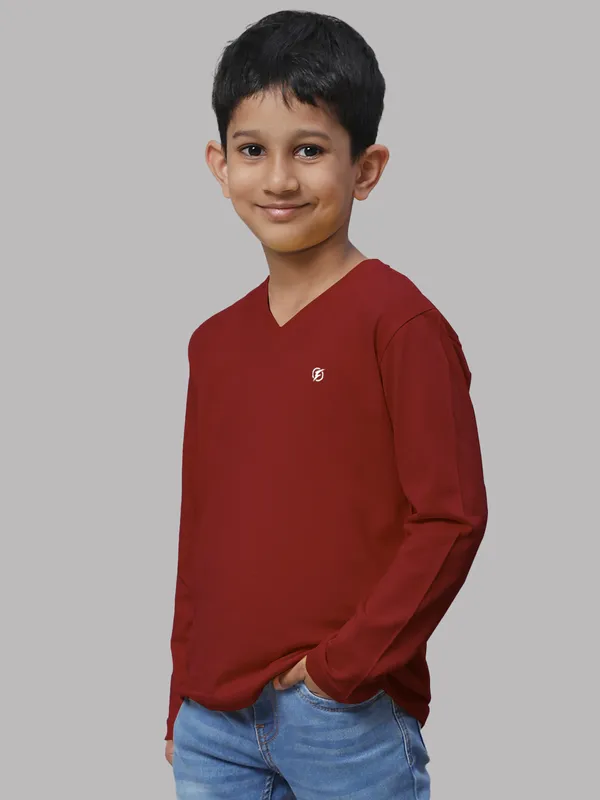 Maroon_Cotton_Rib_V-Neck_Full_Sleeves_T-Shirt_For_Kids