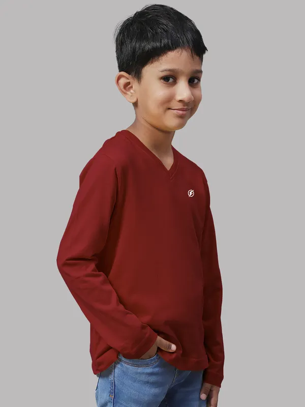 Maroon_Cotton_Rib_V-Neck_Full_Sleeves_T-Shirt_For_Kids