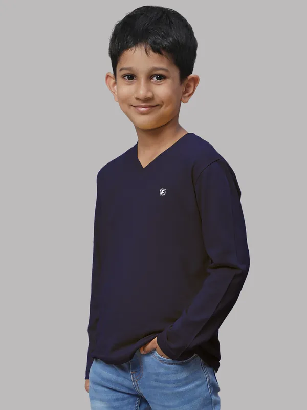 Navy_Blue_Cotton_Rib_V-Neck_Full_Sleeves_T-Shirt_For_Kids