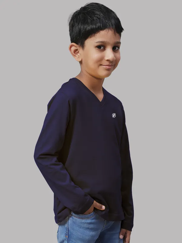 Navy_Blue_Cotton_Rib_V-Neck_Full_Sleeves_T-Shirt_For_Kids
