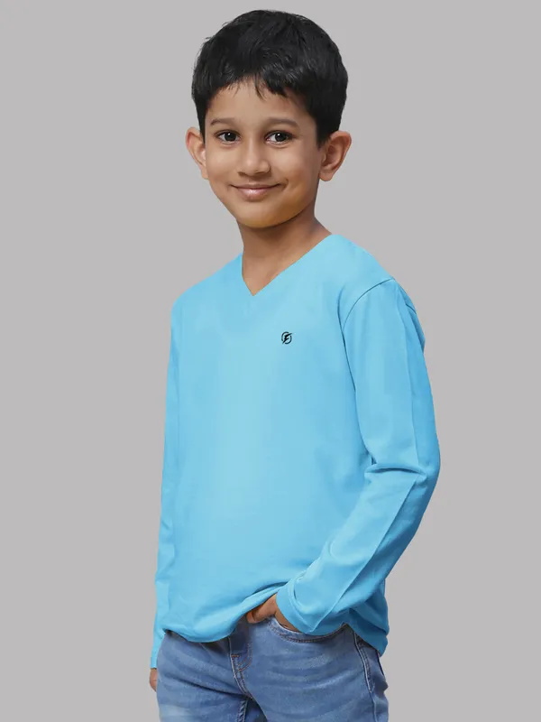 Turquoise_Blue_Cotton_Rib_V-Neck_Full_Sleeves_T-Shirt_For_Kids