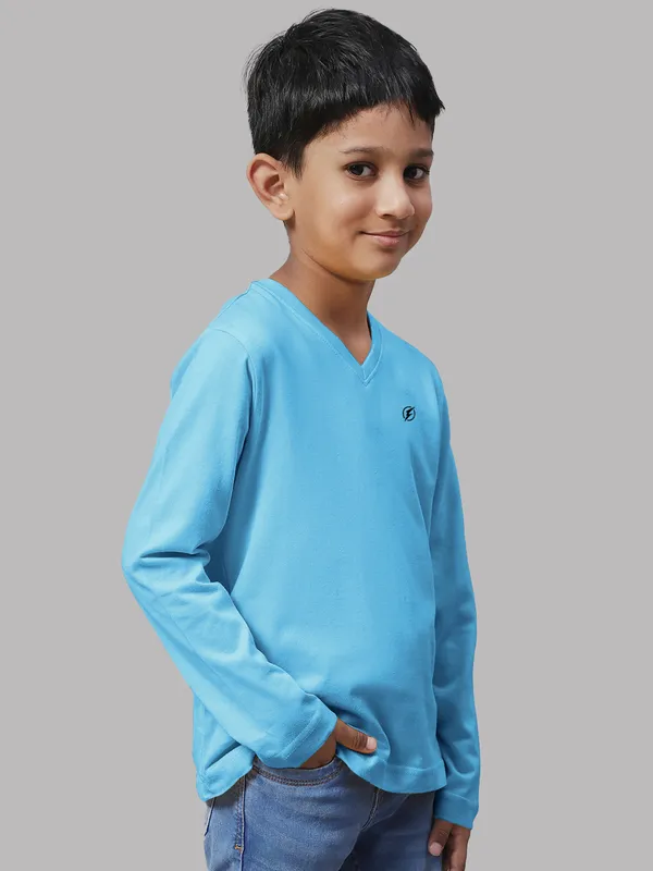 Turquoise_Blue_Cotton_Rib_V-Neck_Full_Sleeves_T-Shirt_For_Kids