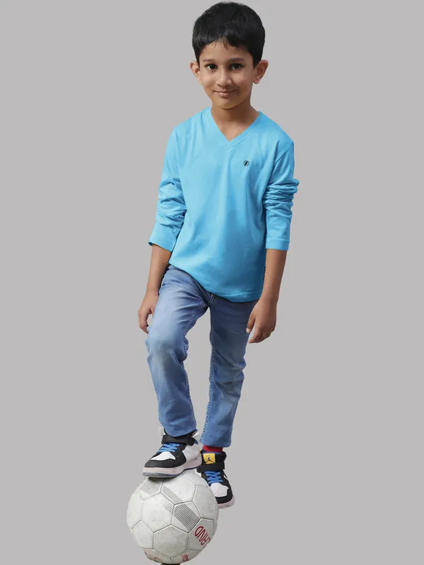 Turquoise_Blue_Cotton_Rib_V-Neck_Full_Sleeves_T-Shirt_For_Kids