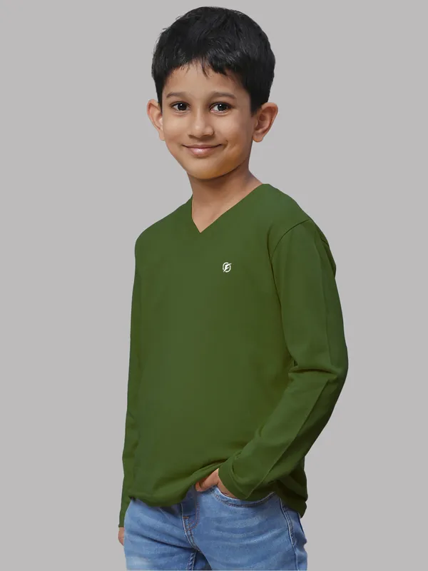 Olive_Green_Cotton_Rib_V-Neck_Full_Sleeves_T-Shirt_For_Kids
