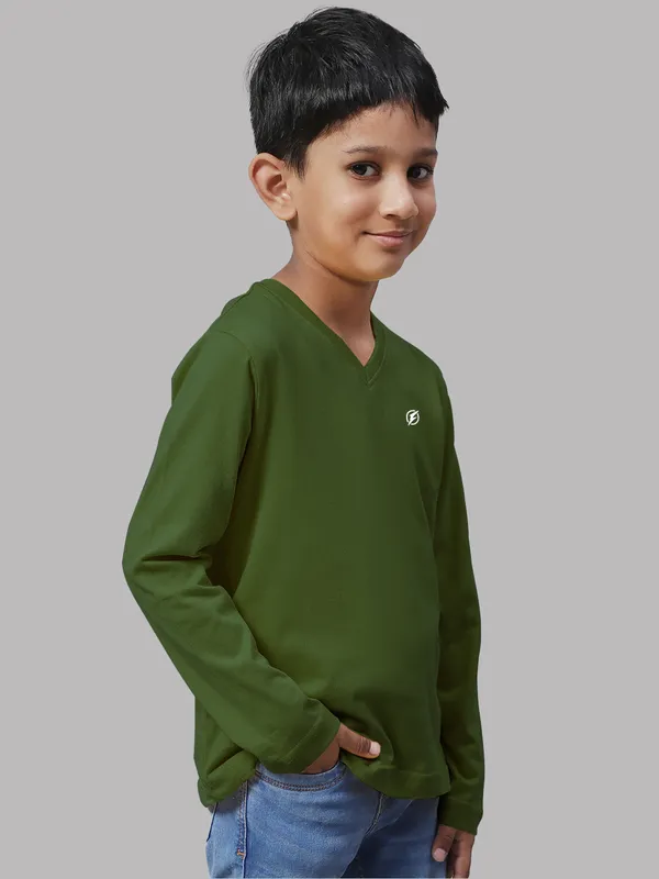 Olive_Green_Cotton_Rib_V-Neck_Full_Sleeves_T-Shirt_For_Kids