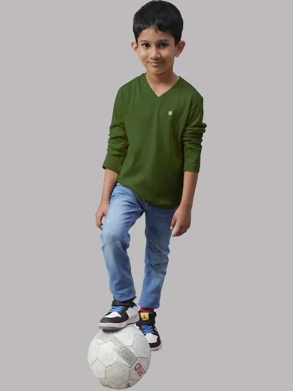 Olive_Green_Cotton_Rib_V-Neck_Full_Sleeves_T-Shirt_For_Kids