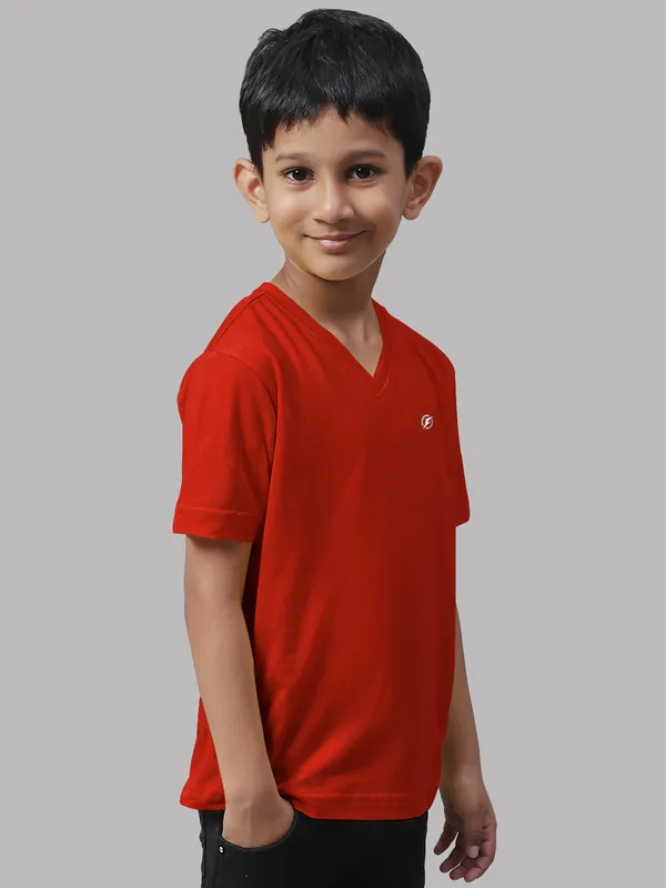 Red_Cotton_Rib_V-Neck_Short_Sleeves_T-Shirt_For_Kids