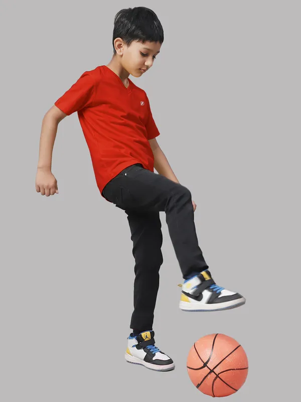 Red_Cotton_Rib_V-Neck_Short_Sleeves_T-Shirt_For_Kids