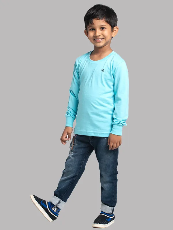 Turquoise_Blue_Cotton_Rib_Round_Neck_Full_Sleeves_T-Shirt_For_Kids