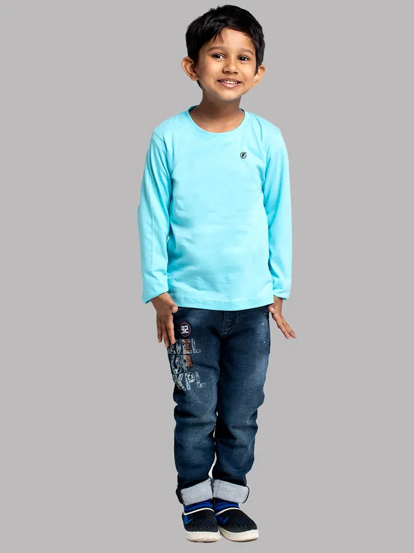 Turquoise_Blue_Cotton_Rib_Round_Neck_Full_Sleeves_T-Shirt_For_Kids
