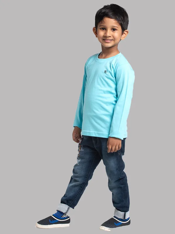 Turquoise_Blue_Cotton_Rib_Round_Neck_Full_Sleeves_T-Shirt_For_Kids