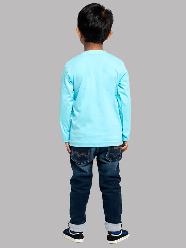 Turquoise_Blue_Cotton_Rib_Round_Neck_Full_Sleeves_T-Shirt_For_Kids