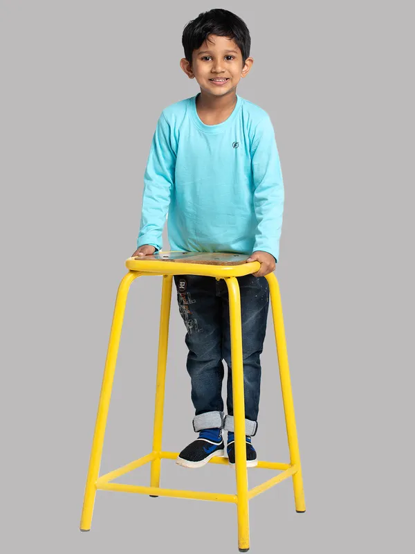 Turquoise_Blue_Cotton_Rib_Round_Neck_Full_Sleeves_T-Shirt_For_Kids