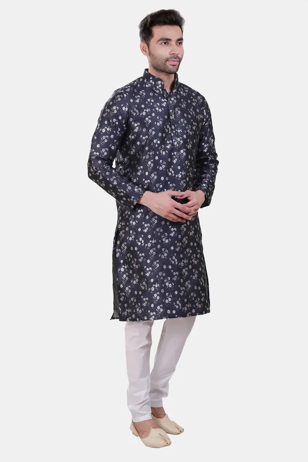Floral_Print_Navy_Blue_Jacquard_Kurta_With_Paijama